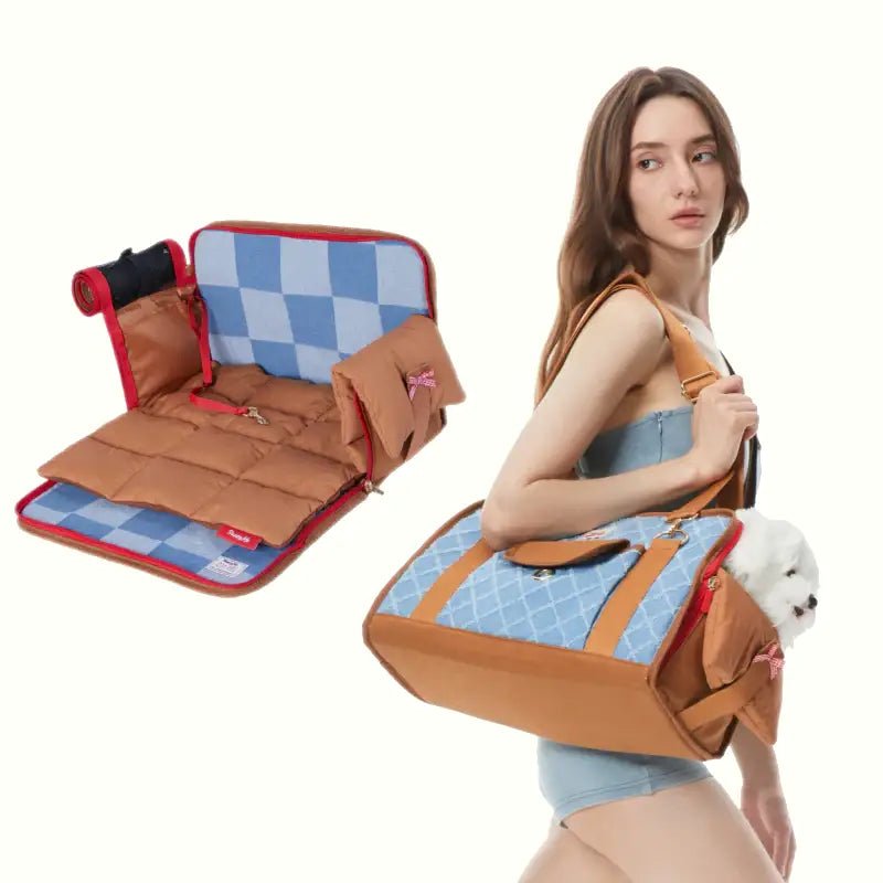 Dog Carrier Cotton Denim Portable Car Seat with Soft Padded for Bichon Maltese -