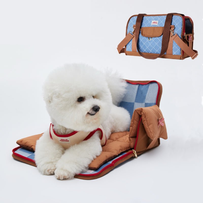 Dog Carrier Cotton Denim Portable Car Seat with Soft Padded for Bichon Maltese -